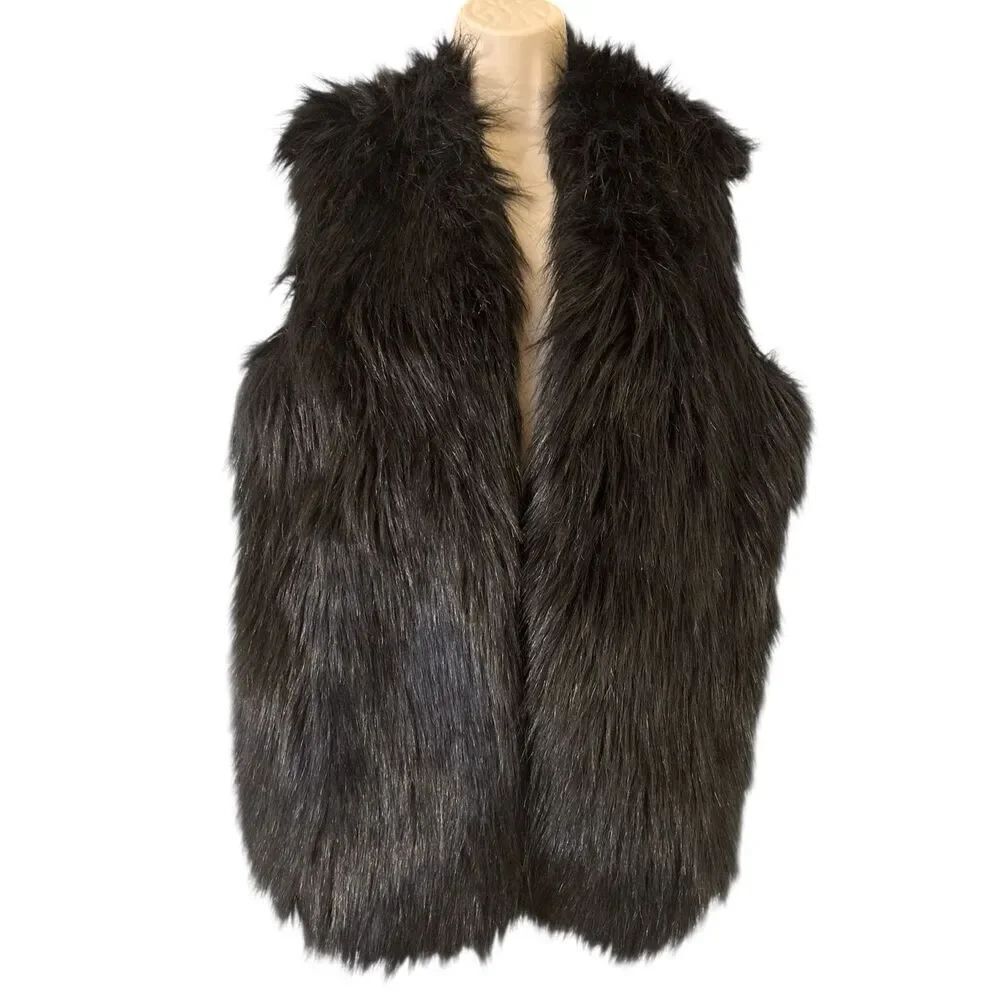 CHAUS New York Black lined Faux Fur Vest Size Small Open Front